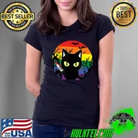 Devil-Cat And Moon Kitten-Scary Black Cats Owner Lgbt Bats Halloween T-Shirt Ladies Tee
