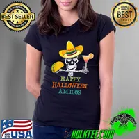 Happy Halloween Amigo's Skeleton Mexican Hat Taco And Drink T-Shirt Ladies Tee