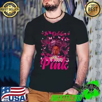 In October We Wear Pink Black Woman Flowers Butterflies Breast Cancer Awareness T-Shirt