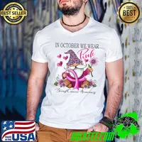 In October We Wear Pink Gnome Flowers Breast Cancer Awareness T-Shirt Guys V Neck