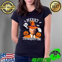 Merry Thanksgiving Joe Biden Hat Witch Pumpkin Ghost Confused Halloween T-Shirt Ladies Tee