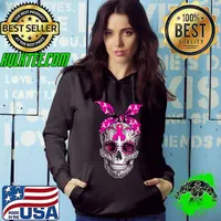 Sugar Skull Pink Ribbon Breast Cancer Awareness T-Shirt Hoodie