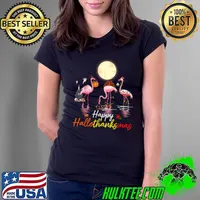 Halloween Thanksgiving Xmas Happy Hallo Thanksmas Flamingo Moon T-Shirt Ladies Tee