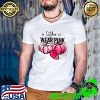 In October We Wear Pink Pumpkins And Football Breast Cancer Awareness T-Shirt