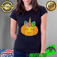 Halloween Thanksgiving Pumpkin Unicorn Girls Flowers Costume T-Shirt Ladies Tee