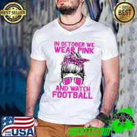 In October We Wear Pink And Watch Football Breast Cancer Messu Bun With Leopard Ribbon T-Shirt