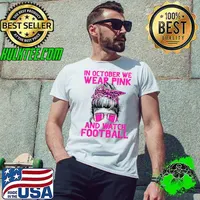 In October We Wear Pink And Watch Football Breast Cancer Messu Bun With Leopard Ribbon T-Shirt Unisex