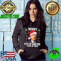 Merry 4th Of Easter Trick Or Treat Biden Wear Santa Hat Christmas PJs T-Shirt Hoodie