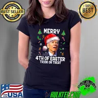 Merry 4th Of Easter Trick Or Treat Biden Wear Santa Hat Christmas PJs T-Shirt Ladies Tee