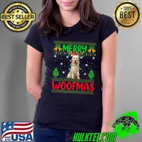 Merry Woofmas Lighting Ugly Golden Retriever Dog Christmas T-Shirt Ladies Tee