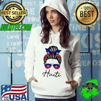 Haiti Pride Flag Messy Bun Hair And Sunglasses Haitian Mom Girl T-Shirt Hoodie