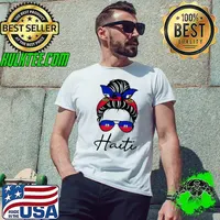 Haiti Pride Flag Messy Bun Hair And Sunglasses Haitian Mom Girl T-Shirt Unisex