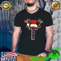 Letter T Santa Hat Lights Capital Alphabet Monogram Family Christmas Plaid PJ T-Shirt