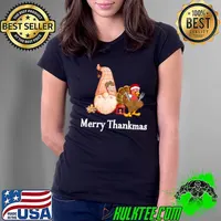 Merry Thanksmas Gnome And Turkey Santa Hat Chistmas T-Shirt Ladies Tee