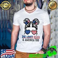 She Loves Jesus And America Too Messy Bun Sunglasses American Flag Christian Girl T-Shirt Guys V Neck