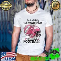 In october we wear pink and watch football helmet leopard breast cancer s Guys V Neck