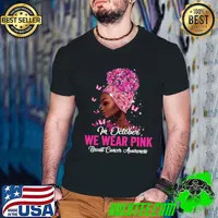In October We Wear Pink Breast Cancer Awareness Messy Bun Butterflies T-Shirt