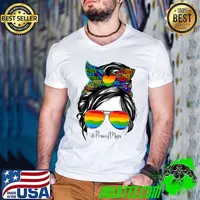 Proud Mom LGBT Gay Pride Messy Bun Rainbow LGBTQ Sunglasses T-Shirt Guys V Neck
