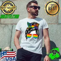 Proud Mom LGBT Gay Pride Messy Bun Rainbow LGBTQ Sunglasses T-Shirt