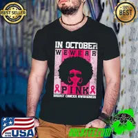 Black Woman In October We Wear Pink Breast Cancer Awareness Vintage T-Shirt Guys V Neck