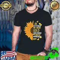 In September We Wear gold Childhood Cancer Awareness Sunflower T-Shirt Guys V Neck