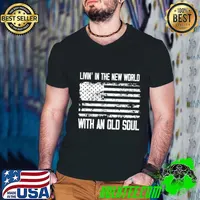 Living in the new world with an old soul Vintage USA Flag T-Shirt Guys V Neck
