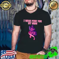 I Wear Pink For My Mom Breast Cancer Butterfly T-Shirt Guys V Neck