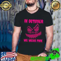 In October We Wear Pink Breast Cancer Jackolantern Halloween Ribbon T-Shirt Guys V Neck
