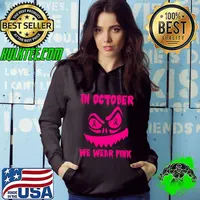 In October We Wear Pink Ribbon Breast Cancer Jackolantern Halloween T-Shirt Hoodie