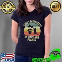Easily Distracted By Cats And Plants Lover Vintage Sunset T-Shirt Ladies Tee