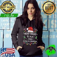 Gamer Most Likely To Play Video Games On Christmas Santa hat Lights Matching Family T-Shirt Hoodie