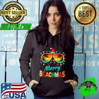 Merry Beachmas Tropical Christmas Santa Hawaii Sunglasses Vintage Sunset Palms Tree T-Shirt Hoodie