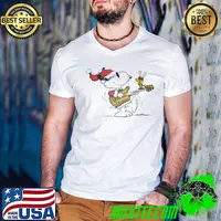 Snoopy And Woodstock Hat Santa Playing The Guitar Merry Christmas Shirt Guys V Neck