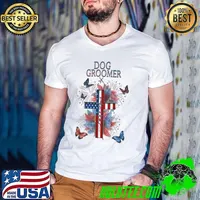 Best dog Groomer faith butterfies cross american flag firewords s Guys V Neck