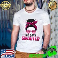 100 Days Smarter Girls Messy Bun Hair 100 Days Of School T-Shirt Guys V Neck
