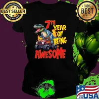 7th Year of Being Awesome 7yr Birthday Truck Dinosaur Boy Girl 7 Years Old T-Shirt