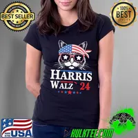 Harris Waltz 2024 Cat Sunglasses Usa Flag For President Ladies Tee