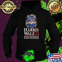Harris Walz 24 Mind Your Own Damn Business Cat Lady Sunglasses USa Flag T-Shirt
