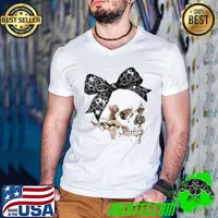 Coquette Bow Spooky Season Skeleton Skull Horror Halloween Guys V Neck