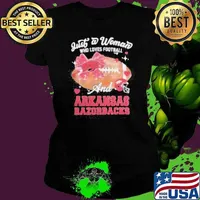Just A Woman Who Loves Football And Arkansas Razorbacks Helmet Shirt