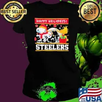 Pittsburgh Steelers Snoopy and Woodstock Happy Holidays Ladies tee