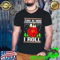 Snoopy and Woodstock atop a D20 this is how I roll ugly Christmas shirt