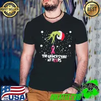 The Grinch Hand holding Breast Cancer the Grinch stole my boobs Merry Christmas 2024 shirt