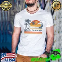 North Carolina Vacation Sunset Cute 70s Vintage Retro Beach Guys V Neck