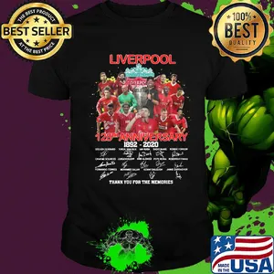 Liverpool football club logo 128th anniversary 1892-2020 signatures thank you for the memories shirt