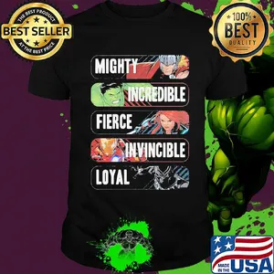 Avenger adjectives marvel comics mighty incredible fierce invincible loyal shirt