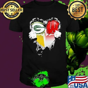 Blood insides green bay packers and wisconsin badgers heart heartbeat shirt