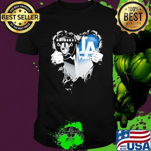 Blood insides oakland raiders and los angeles dodgers heart shirt