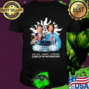 Supernatural family don't end with blood 2005 2020 15 seasons 327 episodes carryon my wayward son characters signatures shirt
