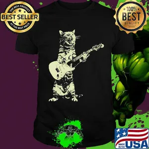 Cat guitar sing black shirt